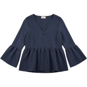 Everly Navy Peplum Blouse M Cottagecore Bell Sleeve Romantic Feminine